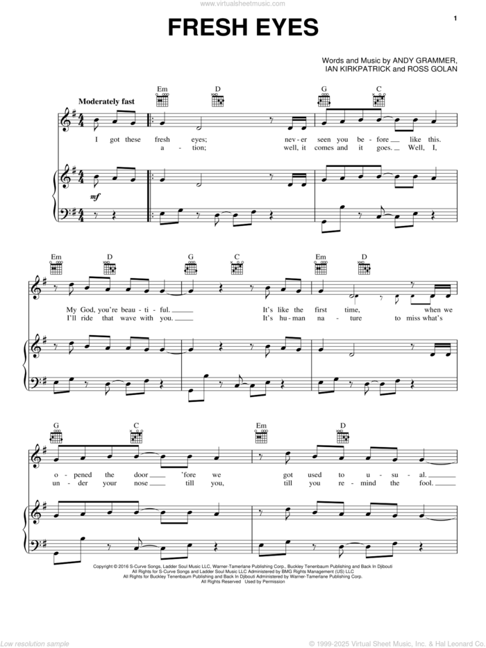 Fresh Eyes sheet music for voice, piano or guitar by Andy Grammer, Ian Kirkpatrick and Ross Golan, intermediate skill level