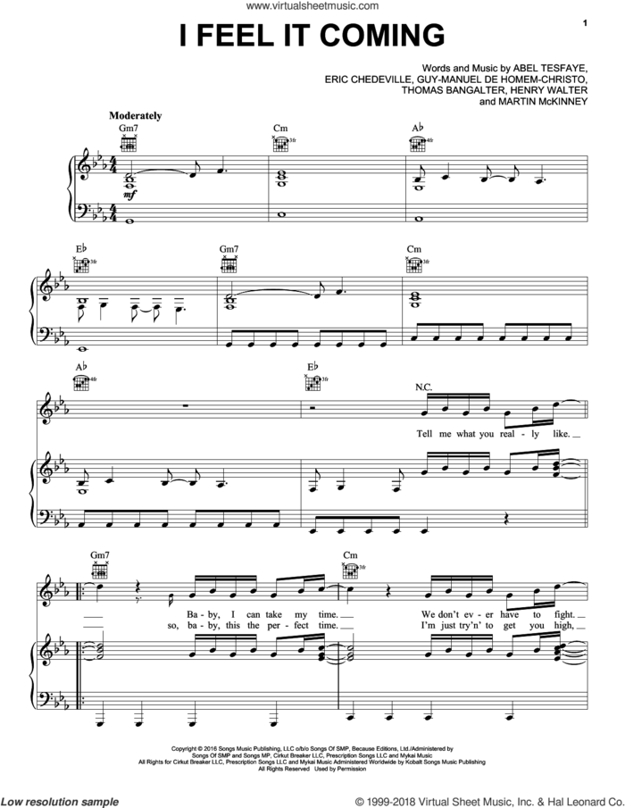 I Feel It Coming sheet music for voice, piano or guitar by The Weeknd, Abel Tesfaye, Eric Chedeville, Guy-Manuel de Homem-Christo, Henry Walter, Martin McKinney and Thomas Bangalter, intermediate skill level