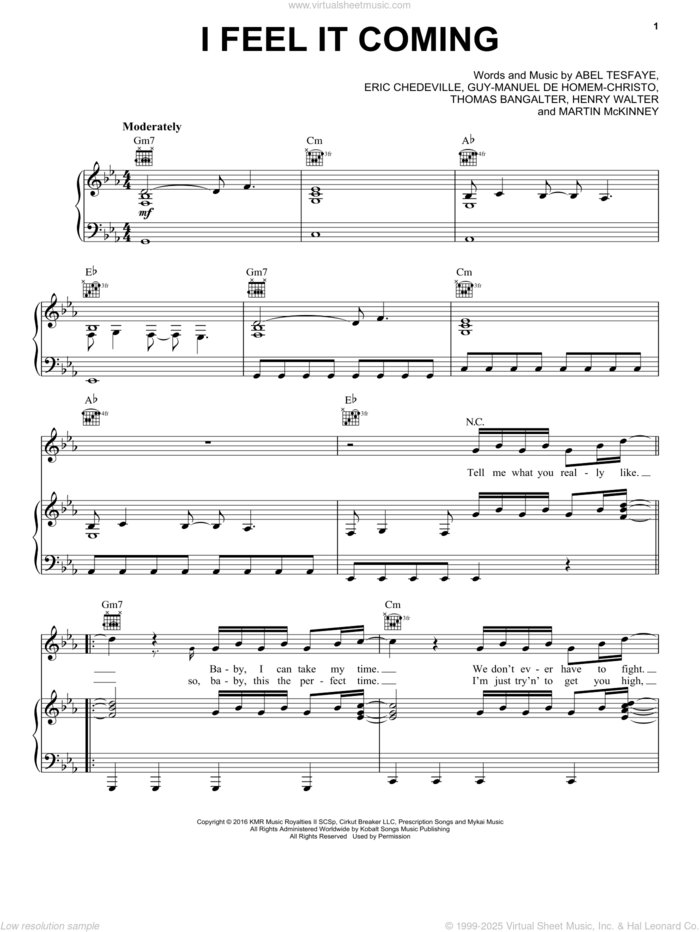 I Feel It Coming sheet music for voice, piano or guitar by The Weeknd, Abel Tesfaye, Eric Chedeville, Guy-Manuel de Homem-Christo, Henry Walter, Martin McKinney and Thomas Bangalter, intermediate skill level