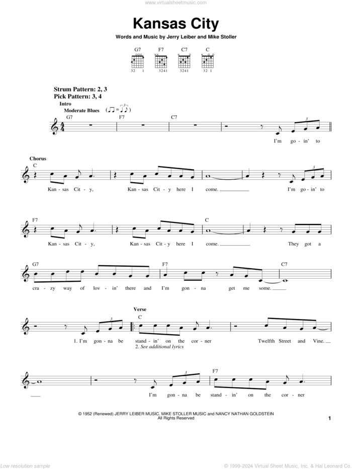 Kansas City sheet music for guitar solo (chords) by Wilbert Harrison, Leiber & Stoller, The Beatles, Jerry Leiber and Mike Stoller, easy guitar (chords)