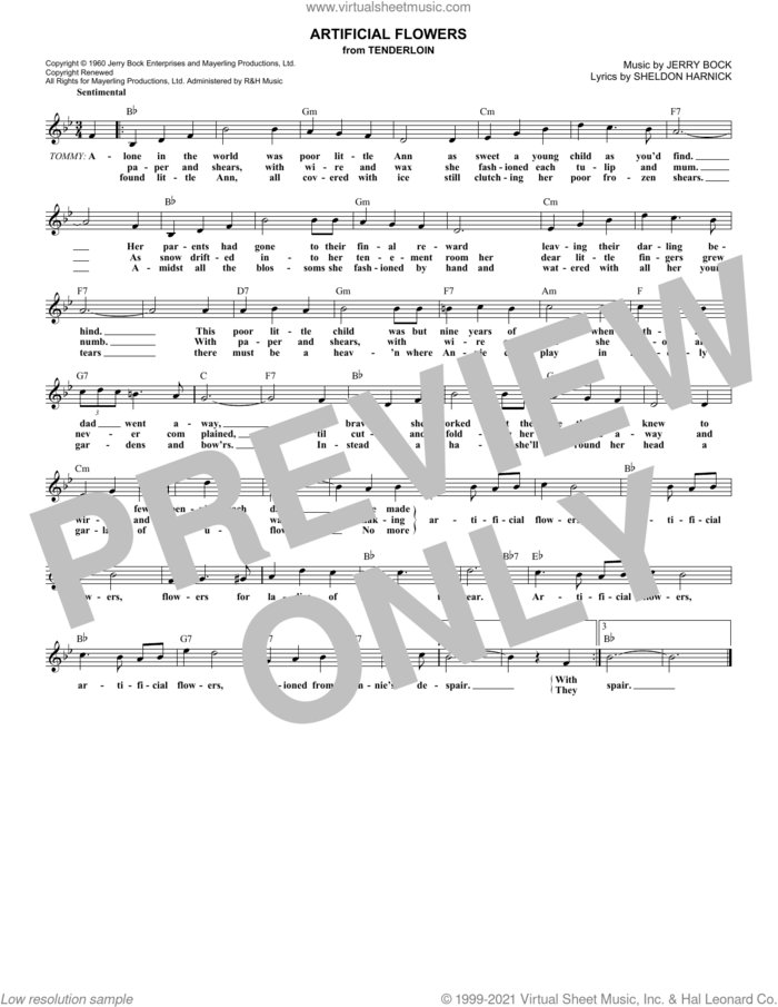 Artificial Flowers (from Tenderloin) sheet music for voice and other instruments (fake book) by Jerry Bock and Sheldon Harnick, intermediate skill level
