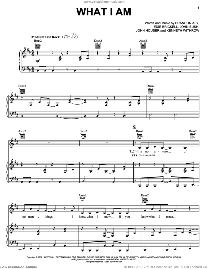 What I Am sheet music for voice, piano or guitar by Edie Brickell & New Bohemians, Brandon Aly, Edie Brickell, John Bush, John Houser and Kenneth Withrow, intermediate skill level