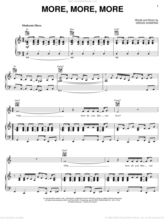 More, More, More sheet music for voice, piano or guitar by Andrea True and Gregg Diamond, intermediate skill level