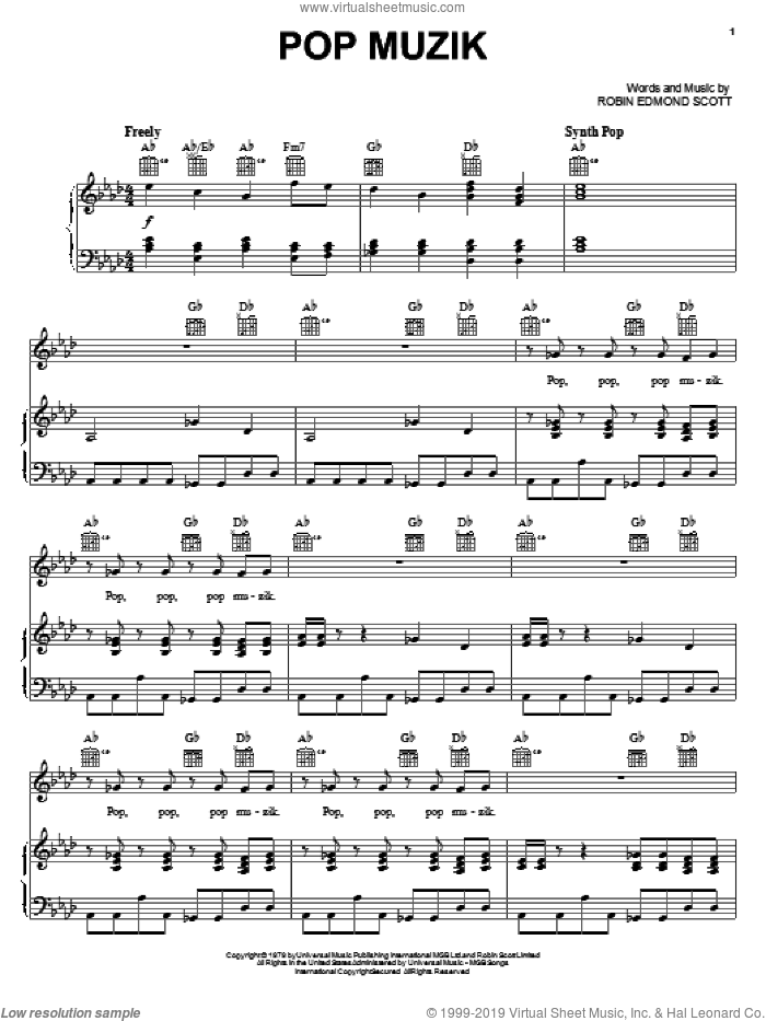 Pop Muzik sheet music for voice, piano or guitar by Robin Scott and Robin Edmond Scott, intermediate skill level