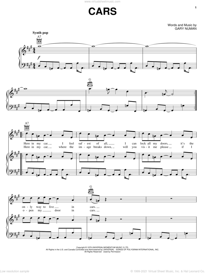 Cars sheet music for voice, piano or guitar by Gary Numan and Fear Factory, intermediate skill level