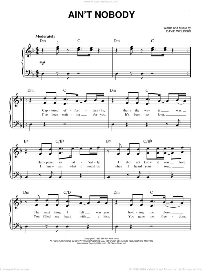 Ain't Nobody sheet music for piano solo by Chaka Khan and David Wolinski, easy skill level