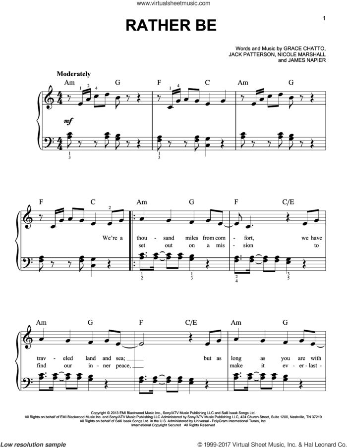 Rather Be sheet music for piano solo by Clean Bandit feat. Jess Glynne, Grace Chatto, Jack Patterson, James Napier and Nicole Marshall, easy skill level