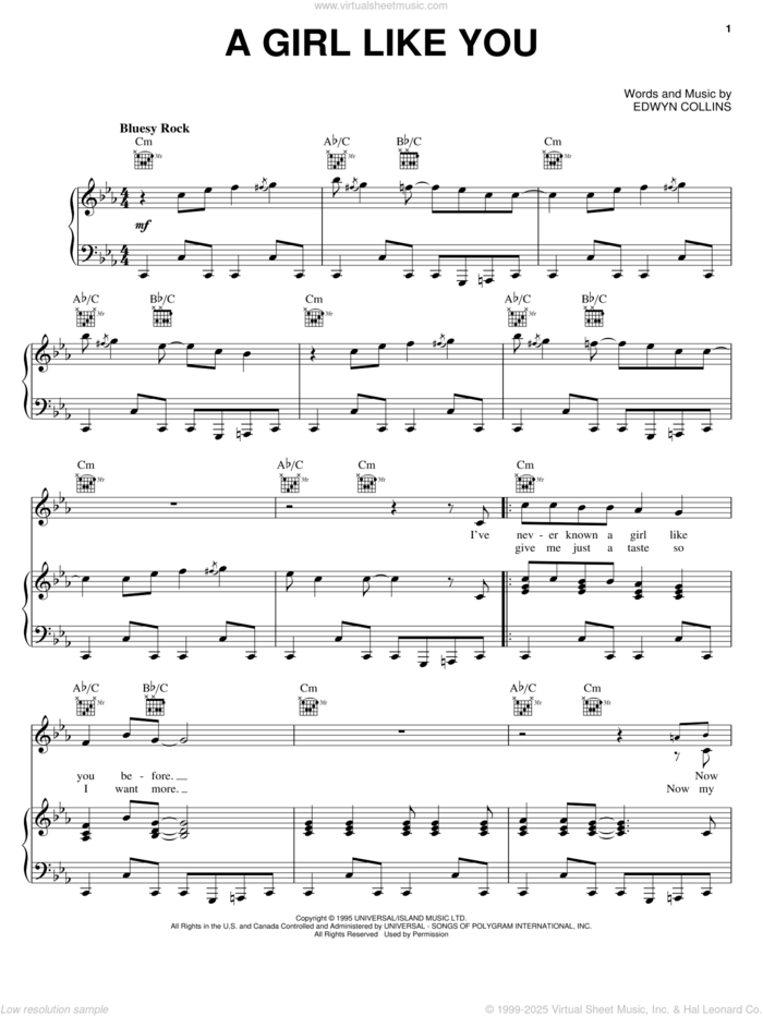 A Girl Like You sheet music for voice, piano or guitar by Edwyn Collins, intermediate skill level