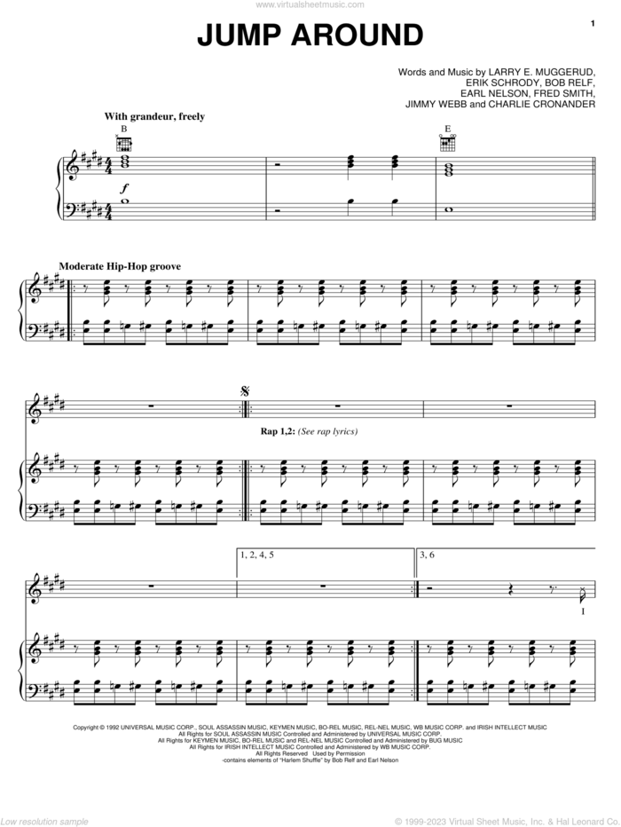 Jump Around sheet music for voice, piano or guitar by House Of Pain, Bob Relf, Earl Nelson, Erik Schrody and Larry E. Muggerud, intermediate skill level