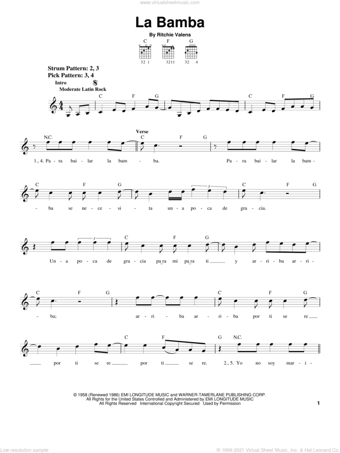 La Bamba sheet music for guitar solo (chords) by Los Lobos and Ritchie Valens, easy guitar (chords)