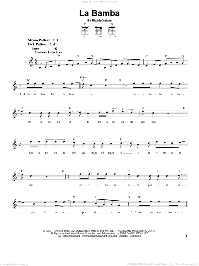 La Bamba sheet music for guitar solo (chords) by Los Lobos and Ritchie Valens, easy guitar (chords)