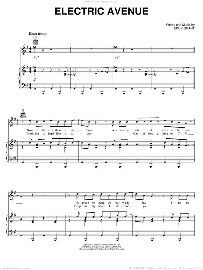 Electric Avenue sheet music for voice, piano or guitar by Eddy Grant, intermediate skill level