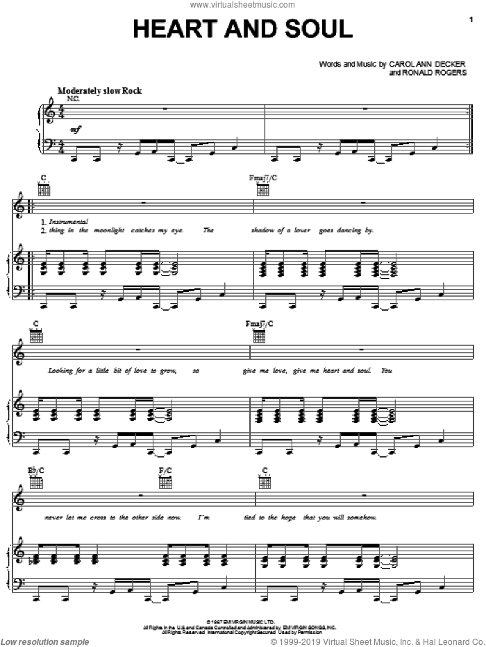Heart And Soul sheet music for voice, piano or guitar by T'Pau, Carol Ann Decker and Ronald Rogers, intermediate skill level