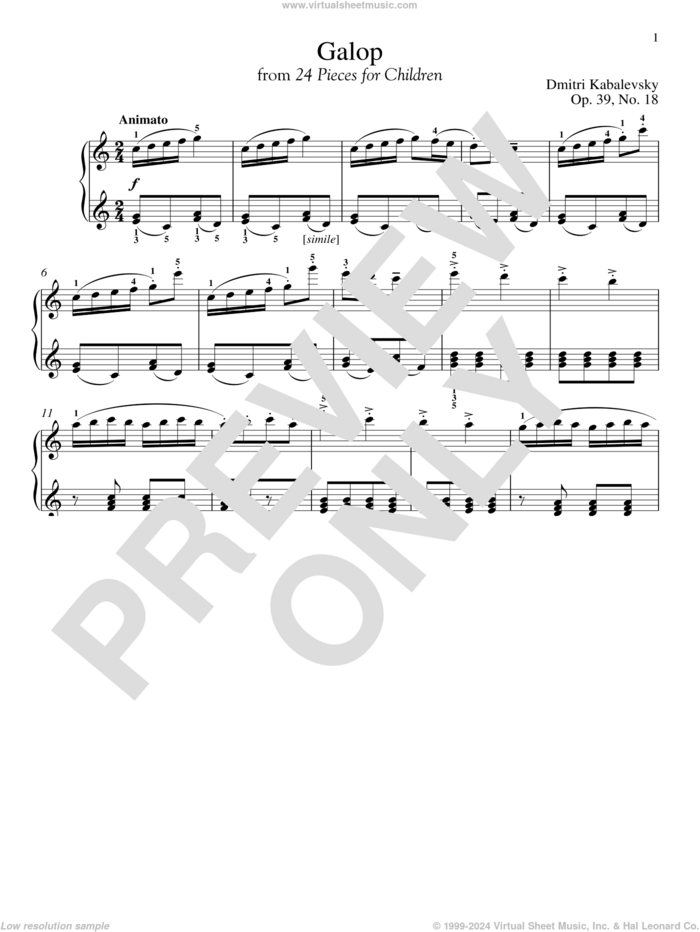 Galop sheet music for piano solo by Dmitri Kabalevsky, classical score, intermediate skill level