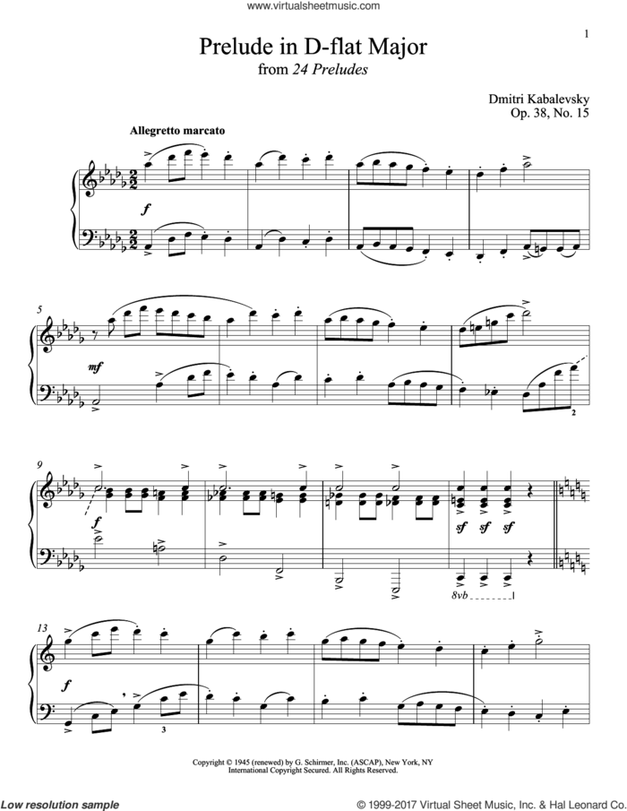 Prelude In D-Flat Major, Op. 38, No. 15 sheet music for piano solo by Dmitri Kabalevsky, classical score, intermediate skill level