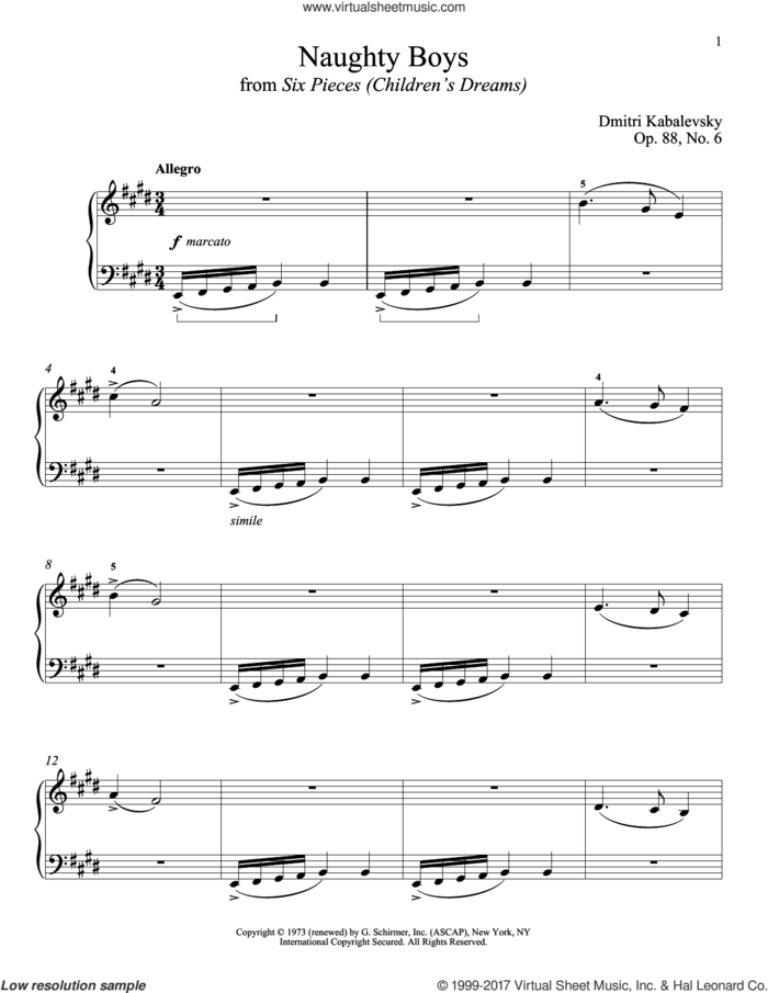 Naughty Boys, Op. 88, No. 6 sheet music for piano solo by Dmitri Kabalevsky, classical score, intermediate skill level