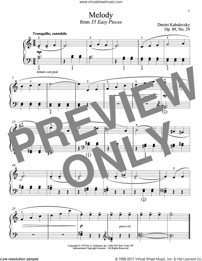 Melody, Op. 89, No. 29 sheet music for piano solo by Dmitri Kabalevsky, classical score, intermediate skill level