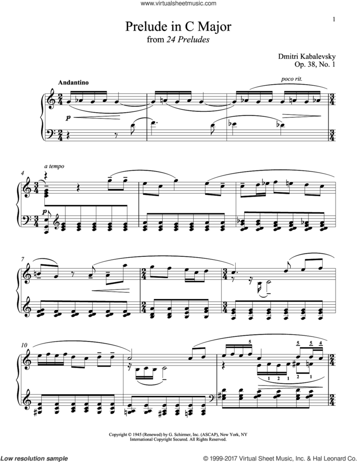 Prelude In C Major, Op. 38, No. 1 sheet music for piano solo by Dmitri Kabalevsky, classical score, intermediate skill level