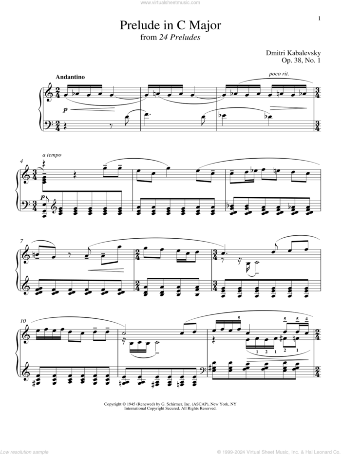 Prelude In C Major, Op. 38, No. 1 sheet music for piano solo by Dmitri Kabalevsky, classical score, intermediate skill level