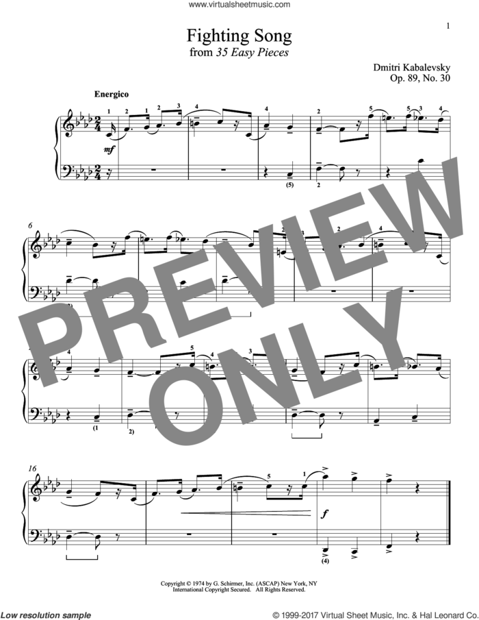 Fighting Song, Op. 89, No. 30 sheet music for piano solo by Dmitri Kabalevsky, classical score, intermediate skill level