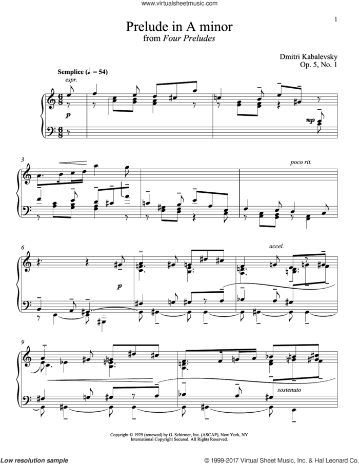 Prelude In A Minor, Op. 5, No. 1 sheet music for piano solo by Dmitri Kabalevsky, classical score, intermediate skill level