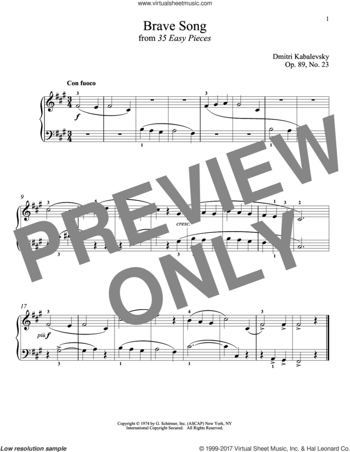 Brave Song sheet music for piano solo by Dmitri Kabalevsky, classical score, intermediate skill level
