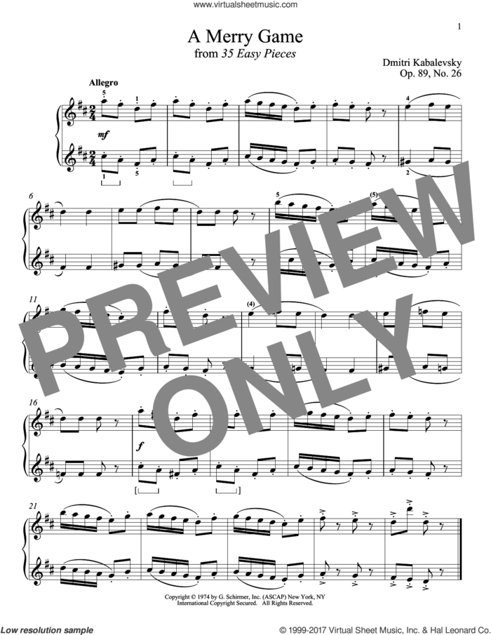 A Merry Game sheet music for piano solo by Dmitri Kabalevsky, classical score, intermediate skill level