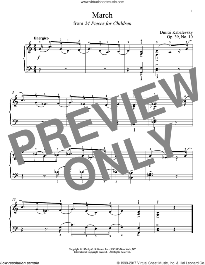 March sheet music for piano solo by Dmitri Kabalevsky, classical score, intermediate skill level