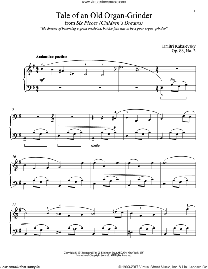 Tale Of An Old Organ-Grinder, Op. 88, No. 3 sheet music for piano solo by Dmitri Kabalevsky, classical score, intermediate skill level