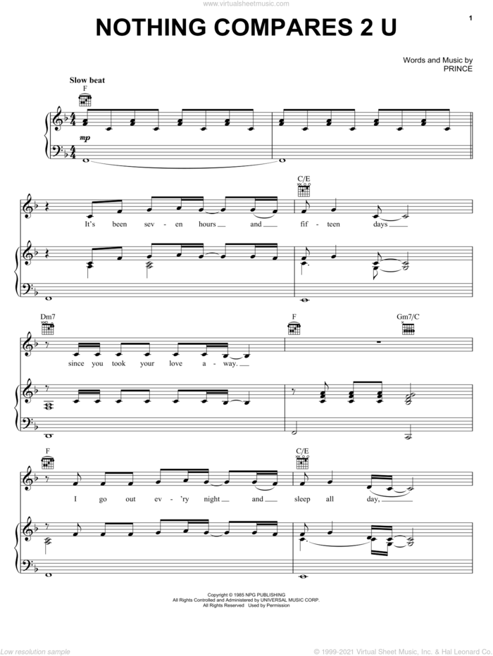 Nothing Compares 2 U sheet music for voice, piano or guitar by Prince, intermediate skill level