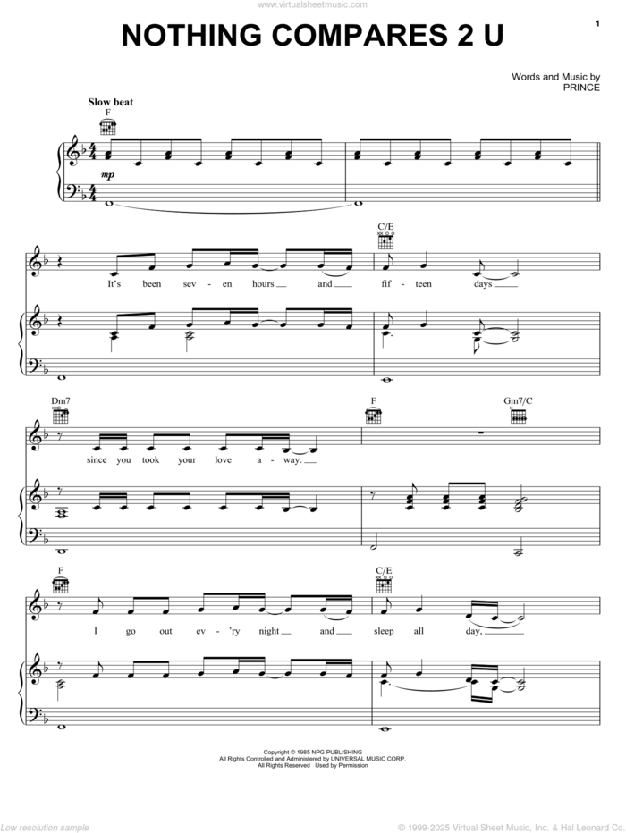 Nothing Compares 2 U sheet music for voice, piano or guitar by Prince, intermediate skill level