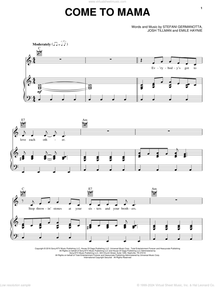 Come To Mama sheet music for voice, piano or guitar by Lady Gaga, Emile Haynie and Josh Tillman, intermediate skill level