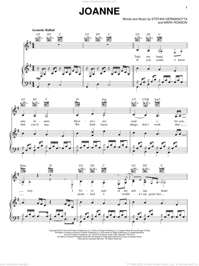 Joanne sheet music for voice, piano or guitar by Lady Gaga and Mark Ronson, intermediate skill level
