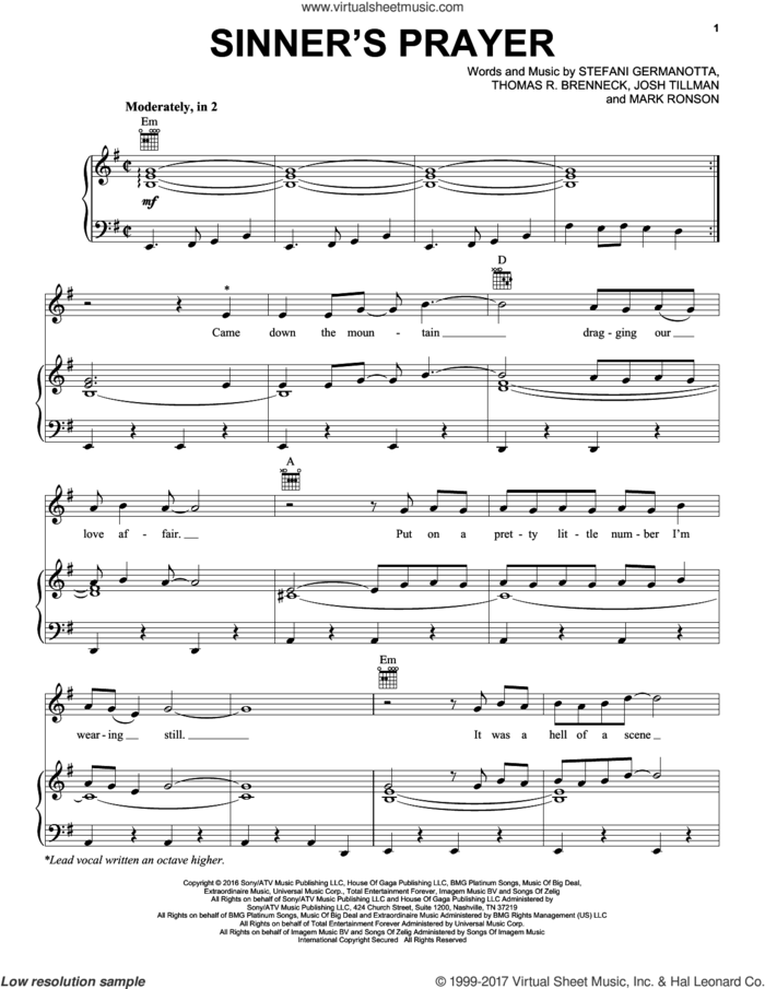 Sinner's Prayer sheet music for voice, piano or guitar by Lady Gaga, Josh Tillman, Mark Ronson and Thomas R. Brenneck, intermediate skill level