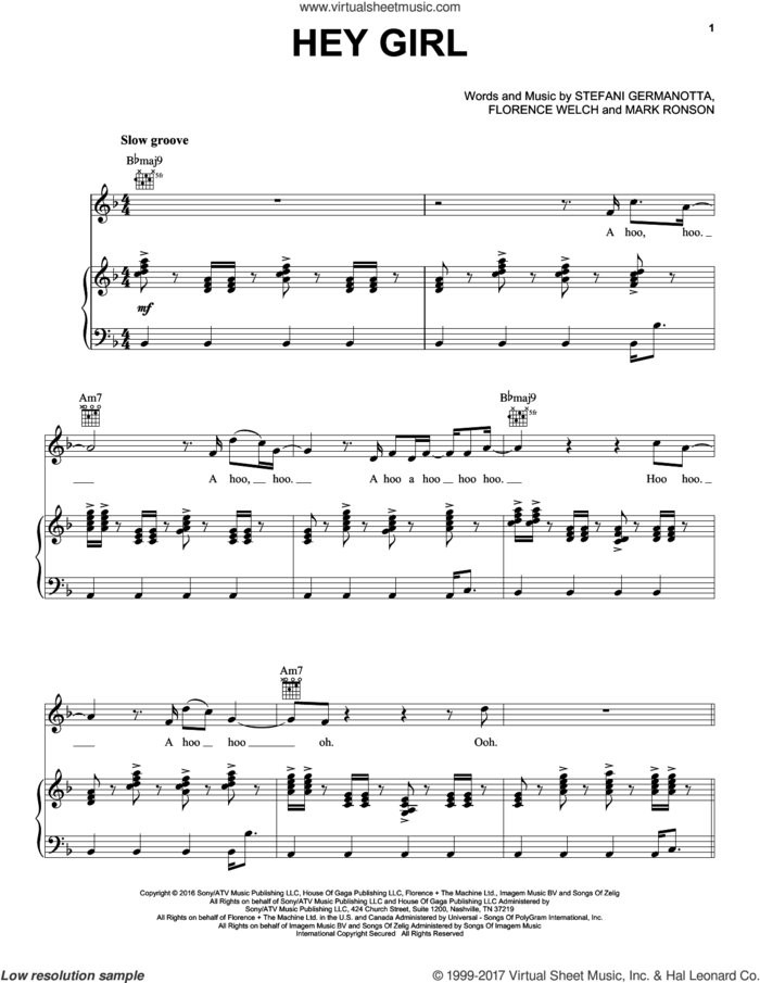 Hey Girl sheet music for voice, piano or guitar by Lady Gaga, Florence Welch and Mark Ronson, intermediate skill level