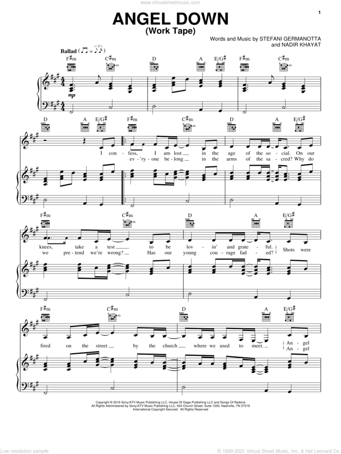 Angel Down (Work Tape) sheet music for voice, piano or guitar by Lady Gaga and Nadir Khayat, intermediate skill level