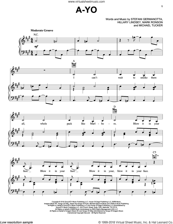 A-Yo sheet music for voice, piano or guitar by Lady Gaga, Hillary Lindsey, Mark Ronson and Michael Tucker, intermediate skill level