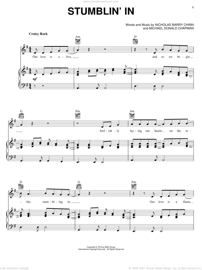 Stumblin' In sheet music for voice, piano or guitar by Suzi Quatro, Michael Donald Chapman and Nicky Chinn, intermediate skill level
