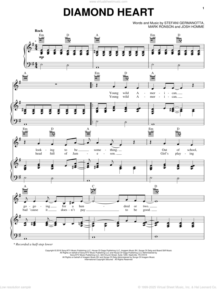 Diamond Heart sheet music for voice, piano or guitar by Lady Gaga, Josh Homme and Mark Ronson, intermediate skill level