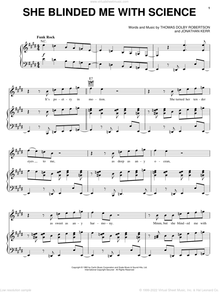 She Blinded Me With Science sheet music for voice, piano or guitar by Thomas Dolby, Jonathan Kerr and Thomas Dolby Robertson, intermediate skill level