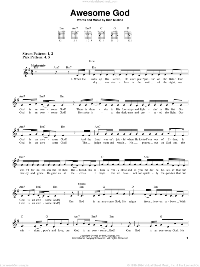 Awesome God sheet music for guitar solo (chords) by Rich Mullins, easy guitar (chords)