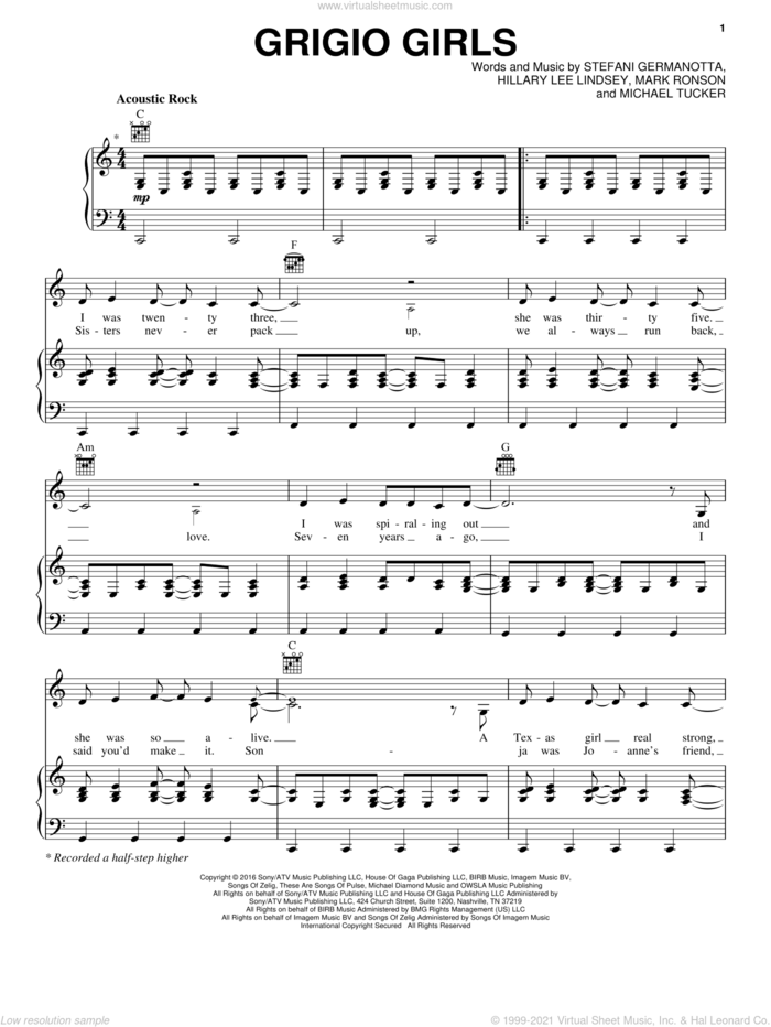 Grigio Girls sheet music for voice, piano or guitar by Lady Gaga, Hillary Lee Lindsey, Mark Ronson and Michael Tucker, intermediate skill level