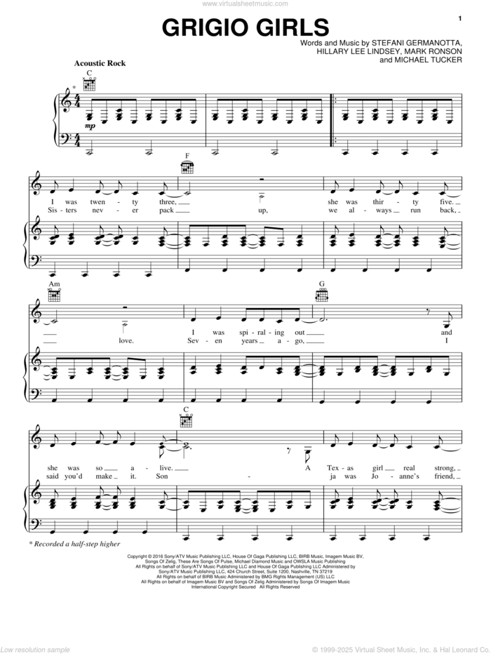 Grigio Girls sheet music for voice, piano or guitar by Lady Gaga, Hillary Lee Lindsey, Mark Ronson and Michael Tucker, intermediate skill level