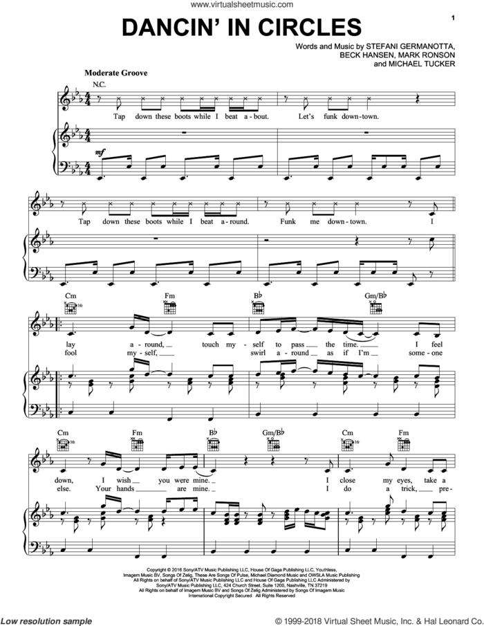 Dancin' In Circles sheet music for voice, piano or guitar by Lady Gaga, Beck Hansen, Mark Ronson and Michael Tucker, intermediate skill level