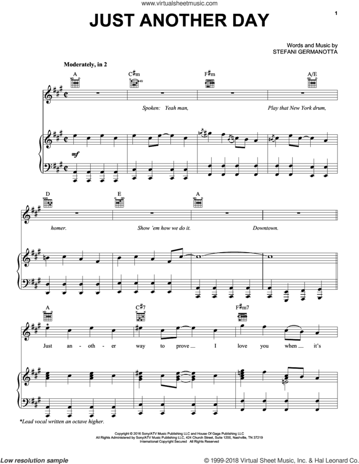 Just Another Day sheet music for voice, piano or guitar by Lady Gaga, intermediate skill level