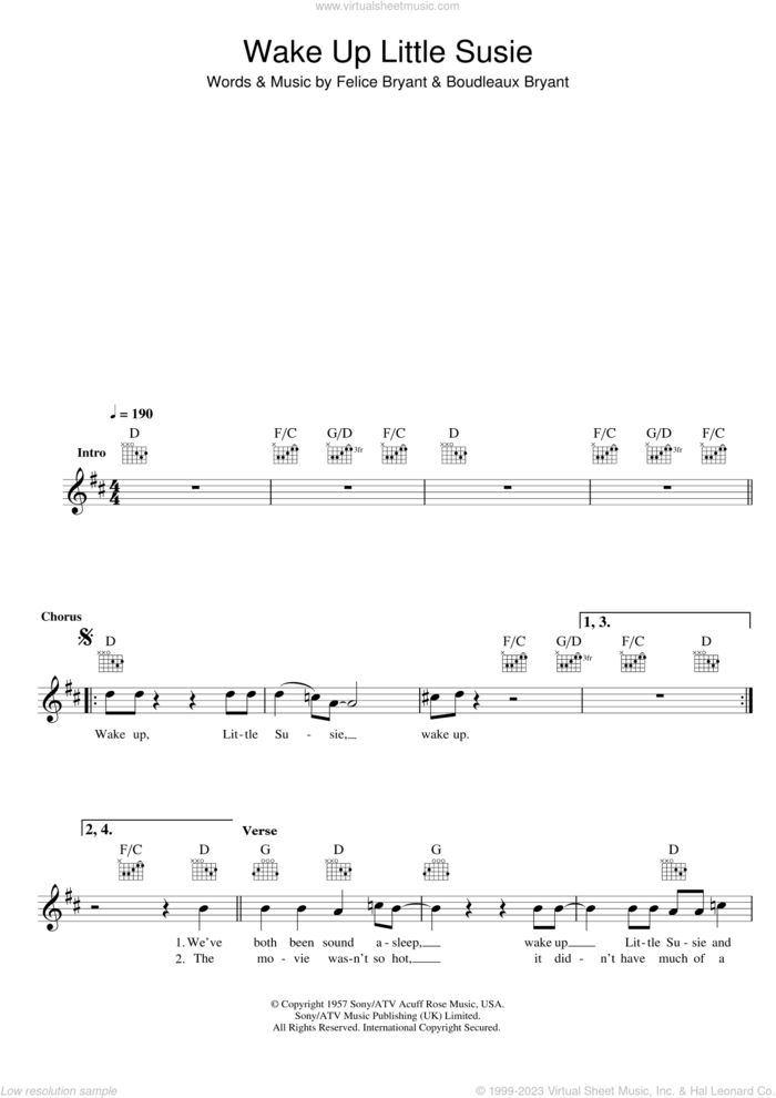 Wake Up Little Susie sheet music for voice and other instruments (fake book) by The Everly Brothers, intermediate skill level