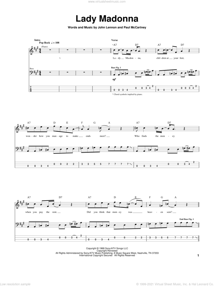 Lady Madonna sheet music for bass (tablature) (bass guitar) by The Beatles, John Lennon and Paul McCartney, intermediate skill level