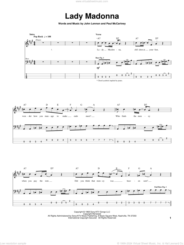 Lady Madonna sheet music for bass (tablature) (bass guitar) by The Beatles, John Lennon and Paul McCartney, intermediate skill level