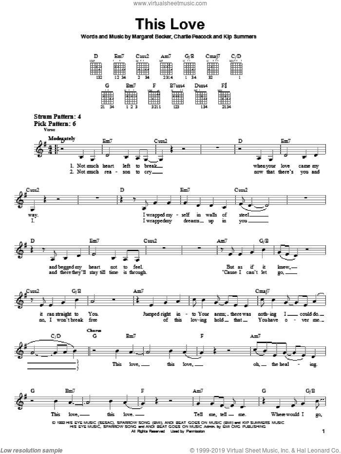 This Love sheet music for guitar solo (chords) by Margaret Becker, Charlie Peacock and Kip Summers, easy guitar (chords)
