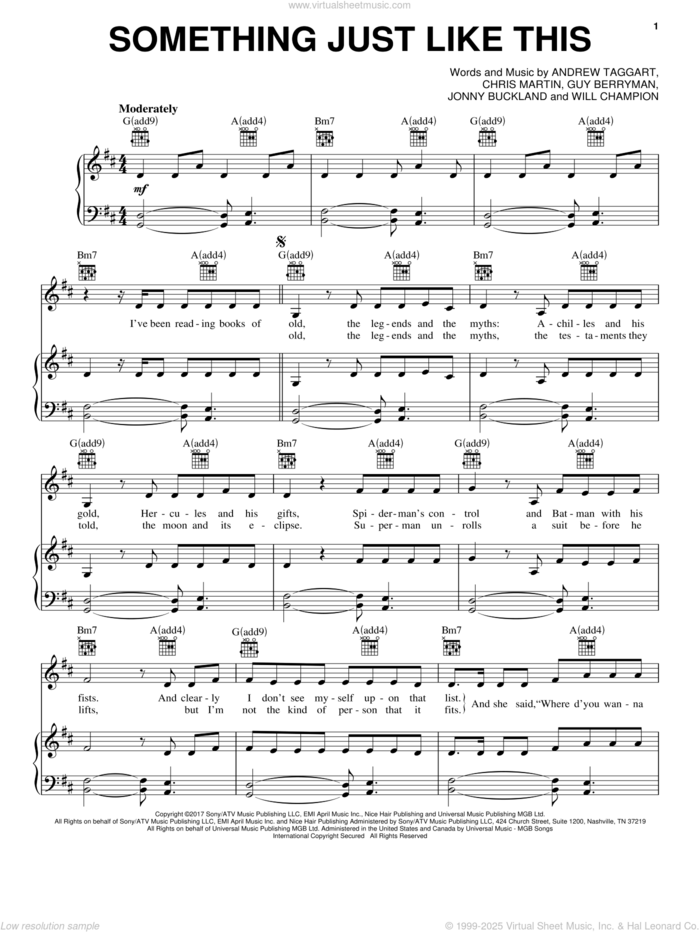 Something Just Like This sheet music for voice, piano or guitar by The Chainsmokers & Coldplay, Andrew Taggart, Christopher Martin, Guy Berryman, Jonathan Buckland and William Champion, intermediate skill level